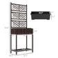 Brown wicker planter with trellis and dimensions view, open bottom storage shelf