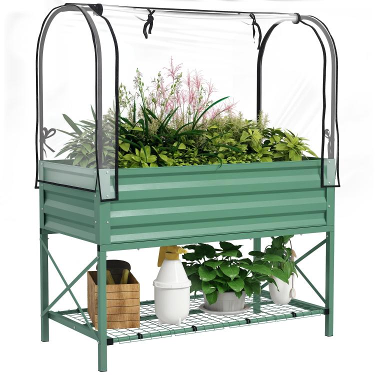 Green metal raised garden bed with clear protective cover and bottom shelf