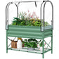 Green elevated planter box with clear zip cover and two-tier growing shelf
