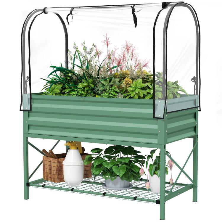 Green elevated planter box with clear zip cover and two-tier growing shelf