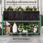 Green raised garden bed with clear cover showing top planter area and bottom shelf
