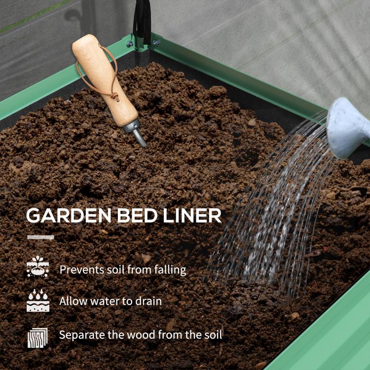Green garden bed liner with soil inside and watering from watering can