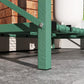 Green metal support legs for raised garden bed with lower shelf beneath