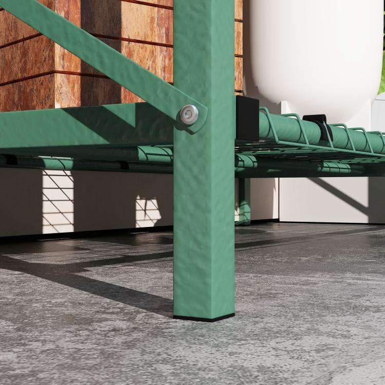 Green metal support legs for raised garden bed with lower shelf beneath