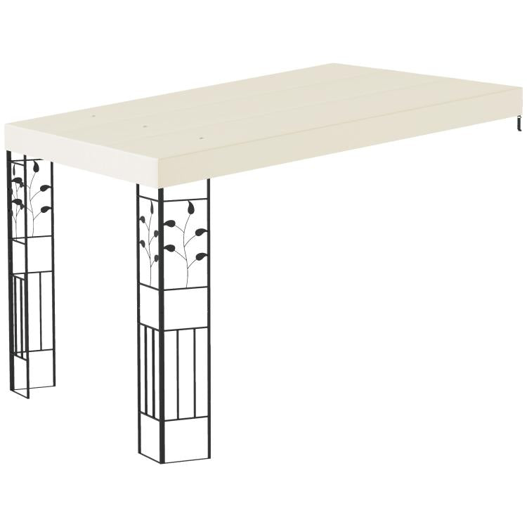 Outdoor pergola canopy with cream roof and black metal corner side panels