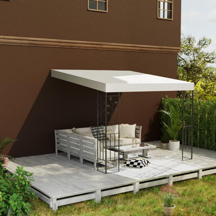 Cream white outdoor pergola canopy with metal frame over patio