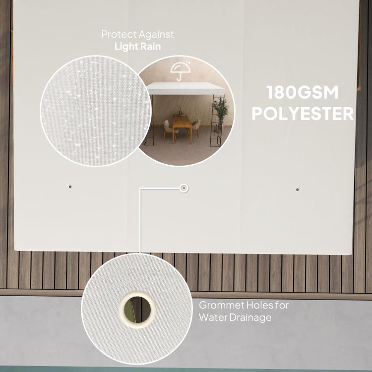 Cream polyester pergola canopy with grommet drainage holes for water runoff