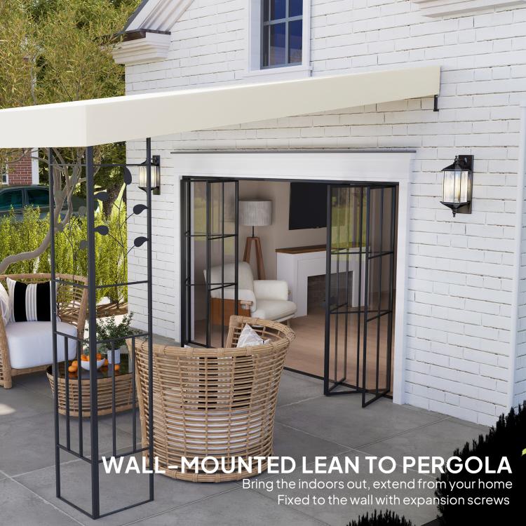 Wall-leaning pergola canopy with cream roof and black metal frame posts