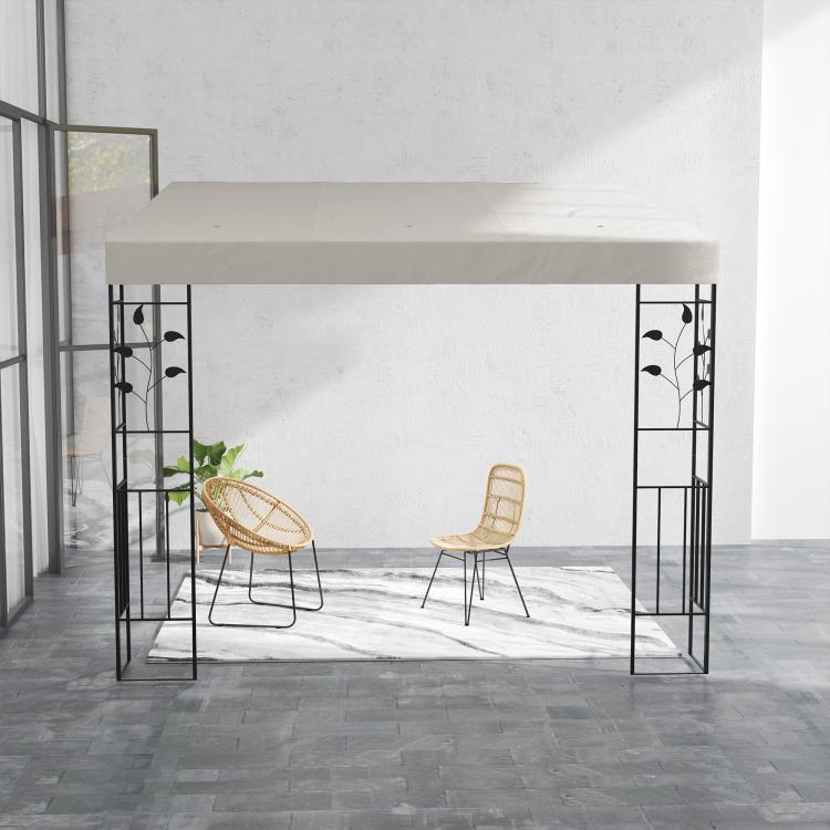 Outdoor pergola canopy with cream roof and black metal open side frames