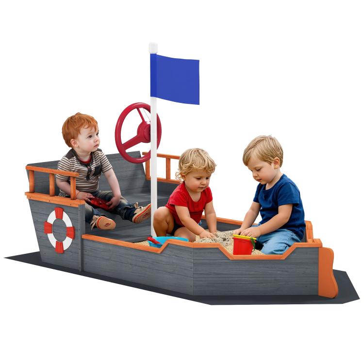 Kids wooden pirate ship sandbox with red wheel, blue flag, and bench seats