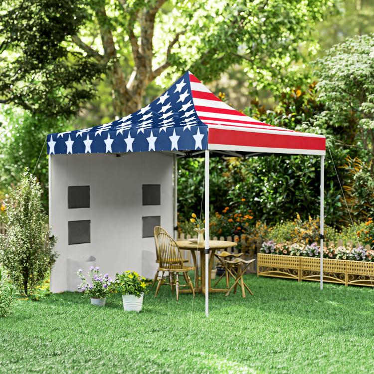 American flag pop-up canopy tent with grey sidewalls and open side panels