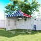 American flag pop-up canopy tent with gray sidewalls and open front frame
