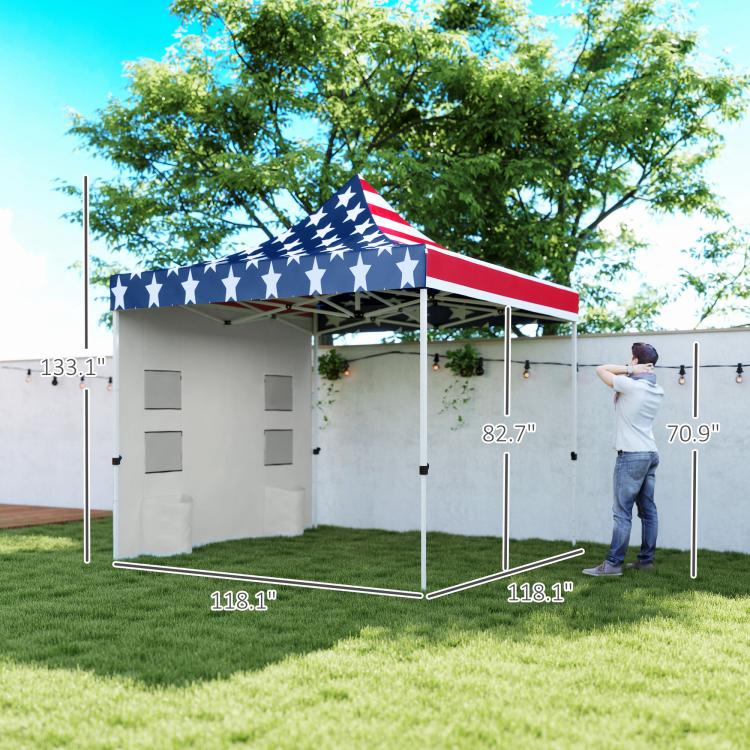 American flag pop-up canopy tent with gray sidewalls and open front frame