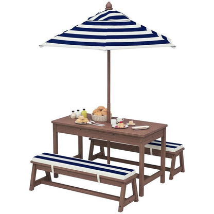 Kids wooden picnic table set with navy striped umbrella and cushioned benches