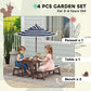 Kids garden set layout: table, 2 benches, and navy striped parasol umbrella