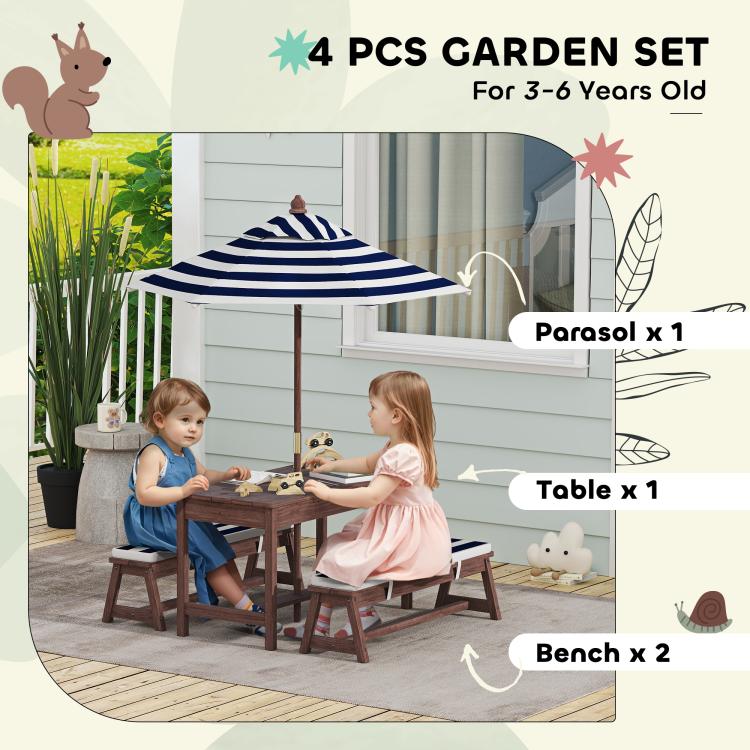 Kids garden set layout: table, 2 benches, and navy striped parasol umbrella