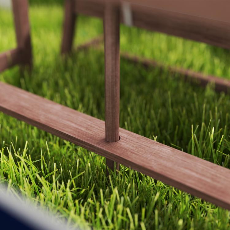 Wooden picnic bench leg and footrest crossbar detail