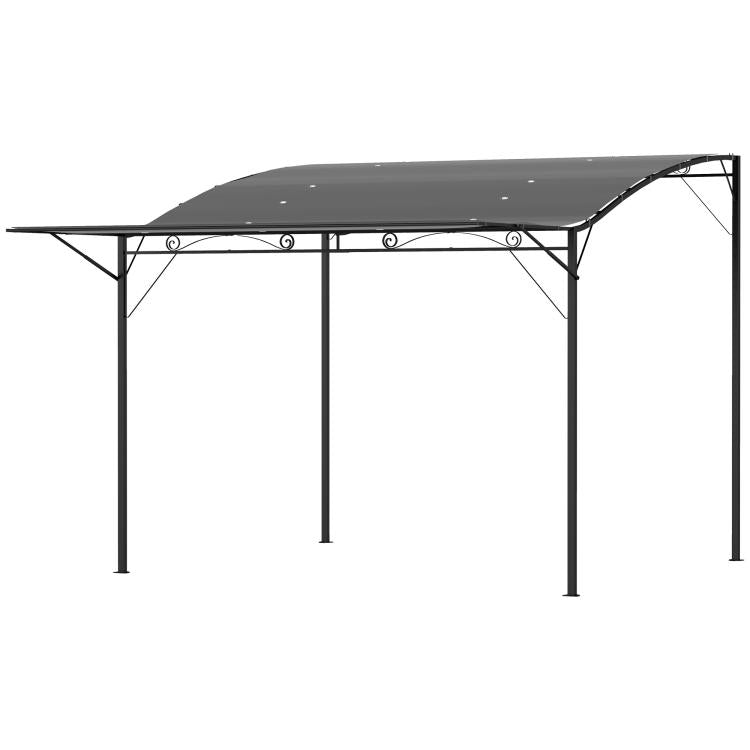 Dark gray metal pergola gazebo with curved retractable roof and four corner posts