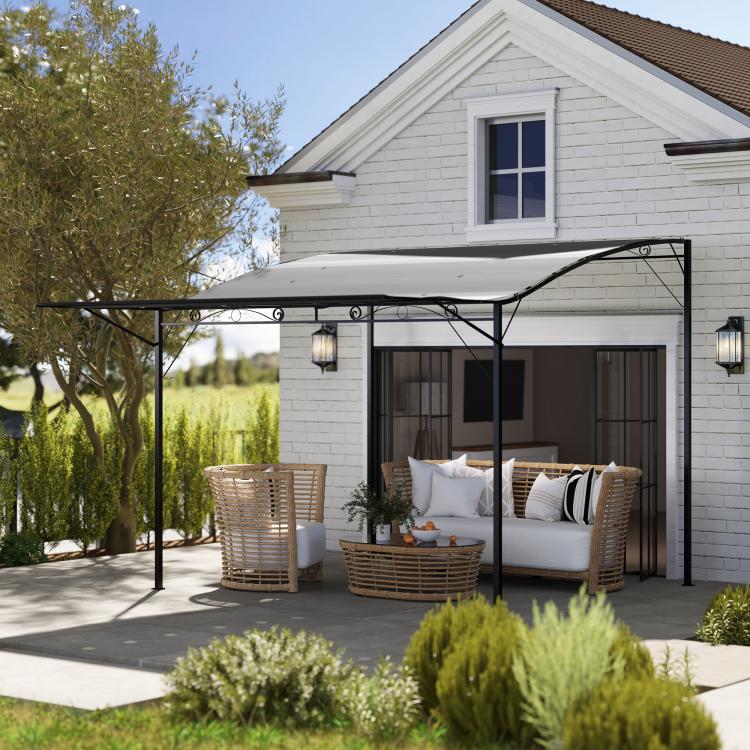 Dark gray outdoor gazebo frame with retractable canopy over patio seating area
