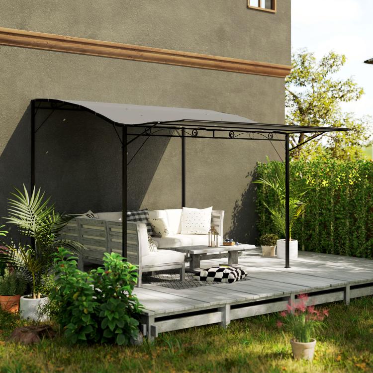 Dark gray patio gazebo canopy over outdoor bench seating with front privacy panel