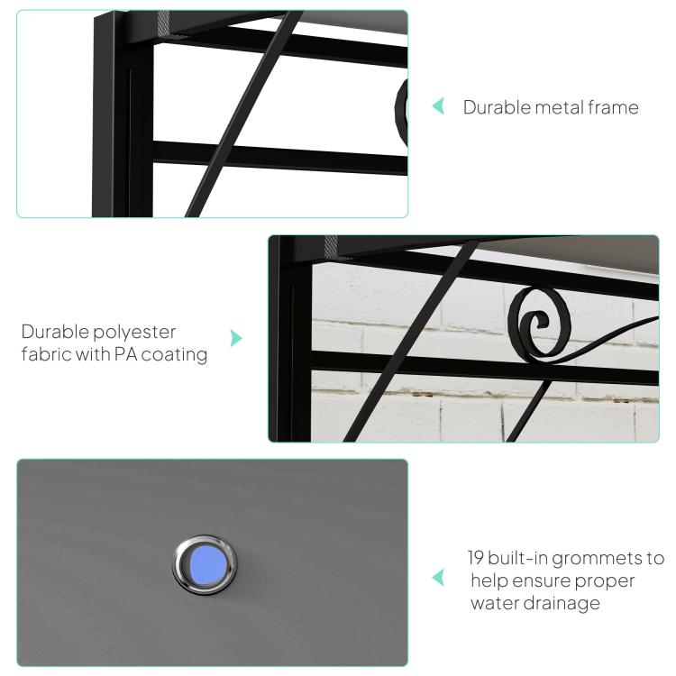 Close-up of dark gray gazebo fabric panel with metal supports and grommet holes