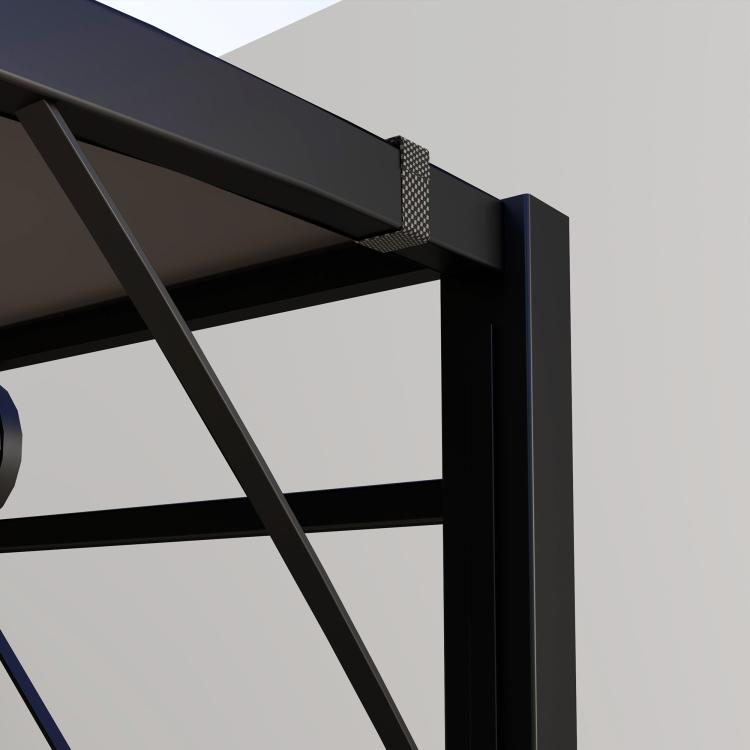 Close-up of dark gray gazebo roof support beams and slanted canopy fabric