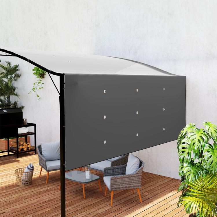 Dark gray gazebo side privacy panel with grommet holes and attached roof edge