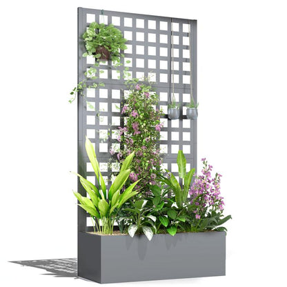 Gray raised garden planter box with tall trellis grid and climbing flowers