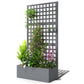 Gray raised planter box with tall trellis and mixed flowering vines