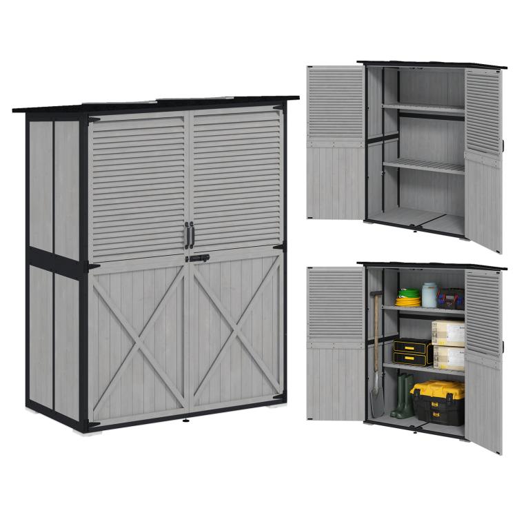 Gray outdoor wooden storage shed with double doors and louver shutters