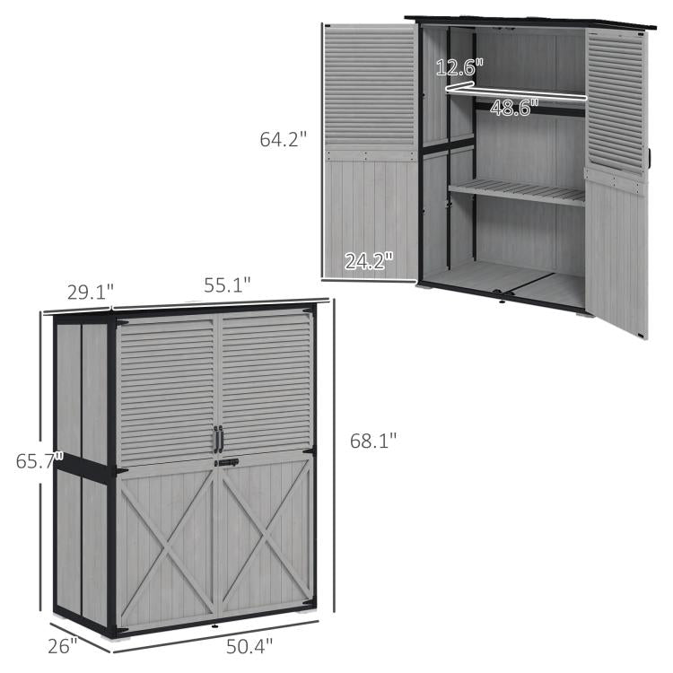 Gray outdoor storage shed size diagram with front and side dimensions