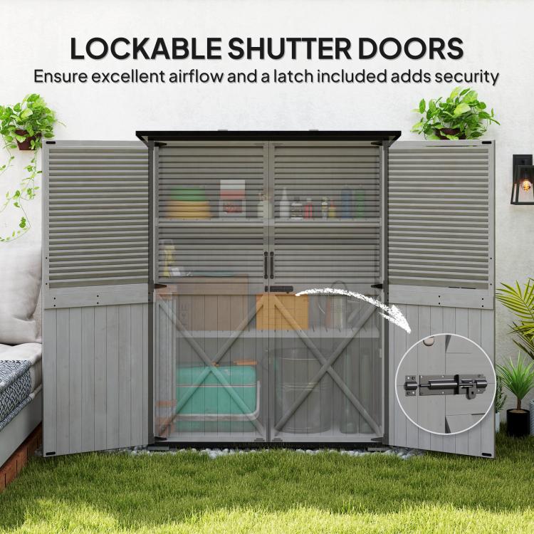 Gray storage shed with lockable shutter-style doors and built-in latch