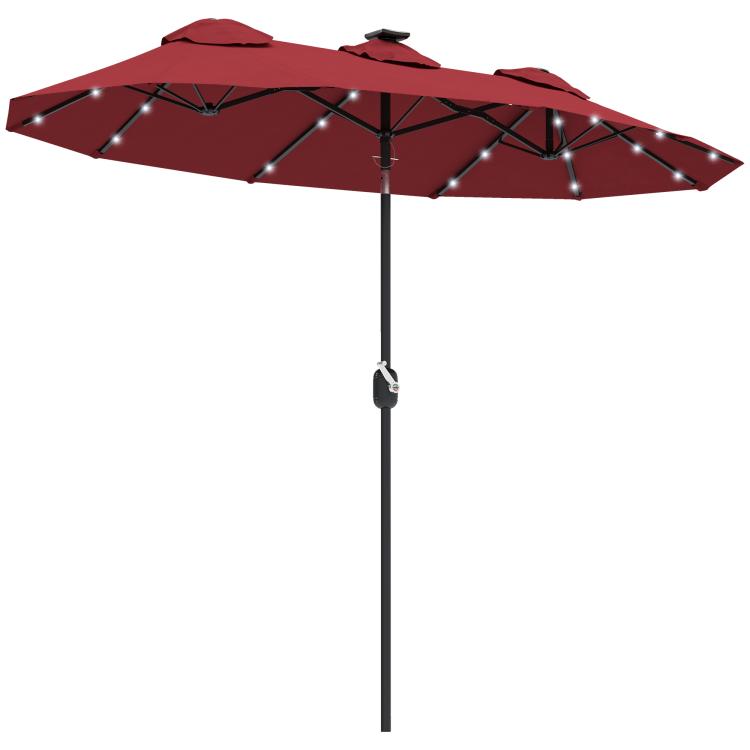 Wine red double-sided patio umbrella with LED lights, ribs, and tilt mechanism on pole