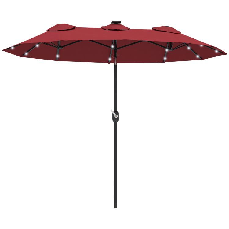 Wine red patio umbrella canopy with LED lights and central tilt pole
