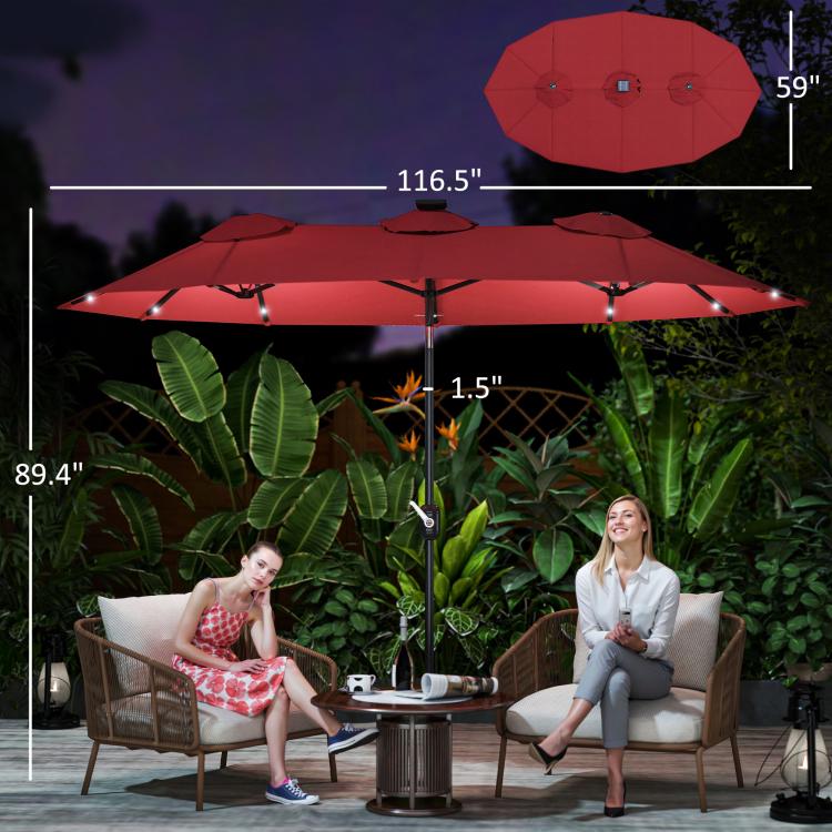 Wine red patio umbrella with dimensions shown; double-sided canopy and LED light accents