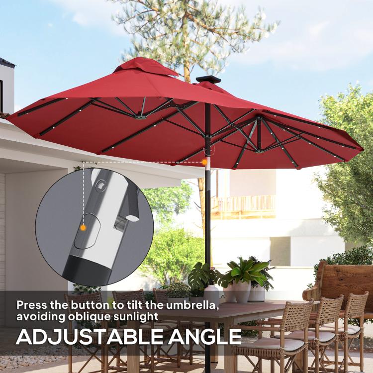 Wine red patio umbrella with adjustable tilt angle and LED light detail on canopy ribs