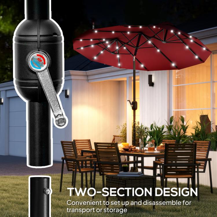 Wine red patio umbrella with two-section design and LED solar light feature at pole