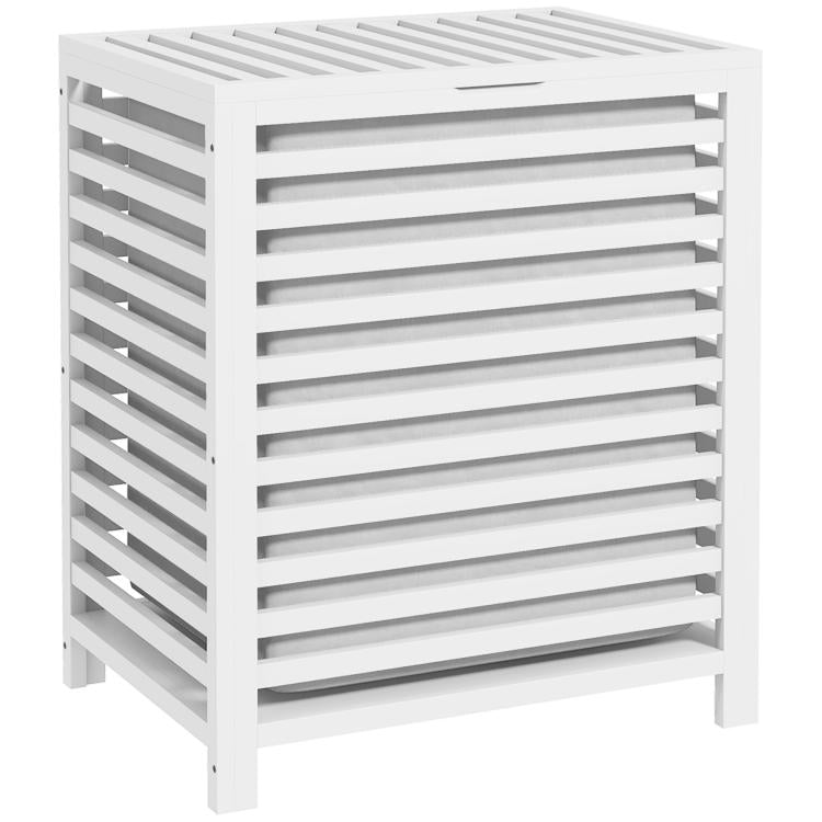 White slatted bamboo laundry hamper with lid, open front view