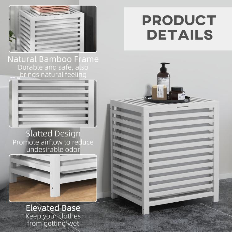 White slatted bamboo laundry hamper with lid and elevated base design