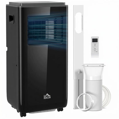 Black portable air conditioner with front grille and built-in control panel