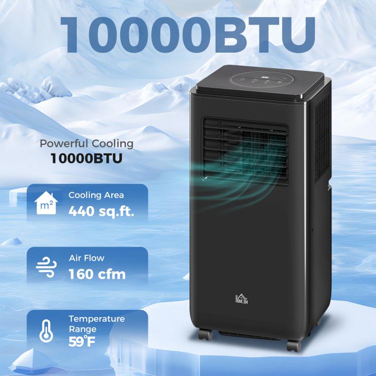 Black portable air conditioner with top controls and front air intake grille