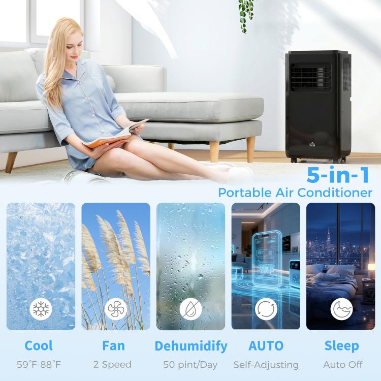 Black portable air conditioner next to a seated person with exhaust hose