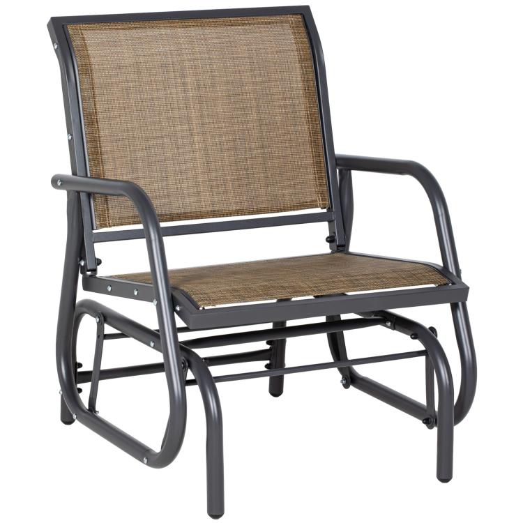 Outdoor glider chair with woven seat and back, curved arms, dark steel frame
