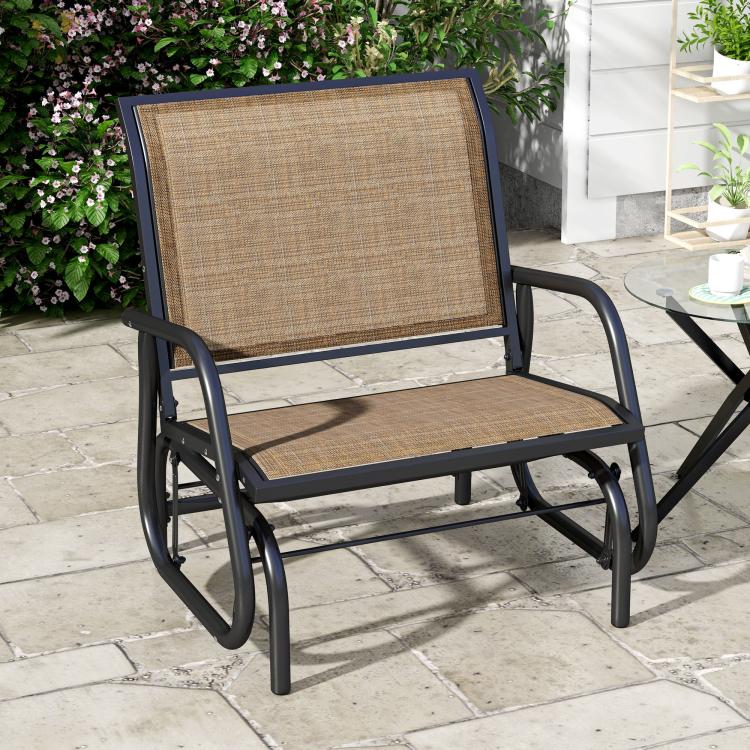 Outdoor glider chair with brown mesh backrest and seat, dark steel curved armrests