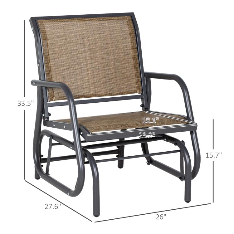 Outdoor glider chair front view with brown mesh seat, dark steel curved armrests