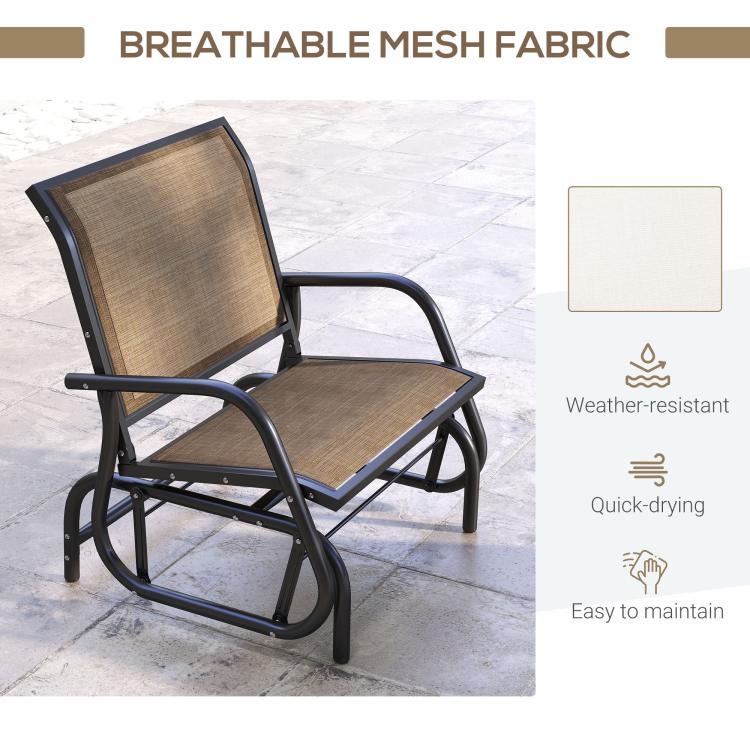 Outdoor glider chair with brown mesh seat and backrest, dark steel frame and armrests