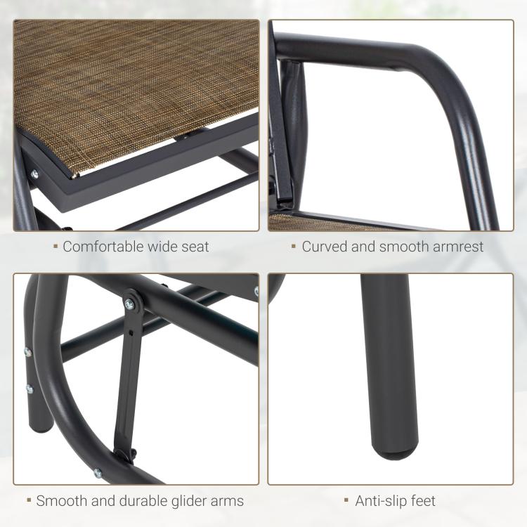 Outdoor glider chair detail: wide seat, curved smooth armrests, durable glider base