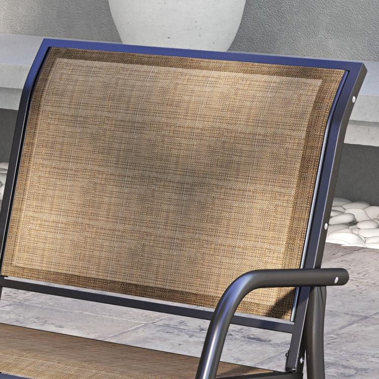 Outdoor glider chair close-up of brown woven mesh backrest with dark curved armrest