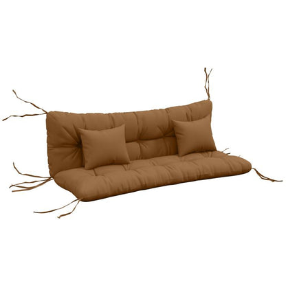 Tan tufted bench cushion set with backrest and two throw pillows