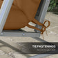 Tan cushion secured to swing seat with tie straps and buckles